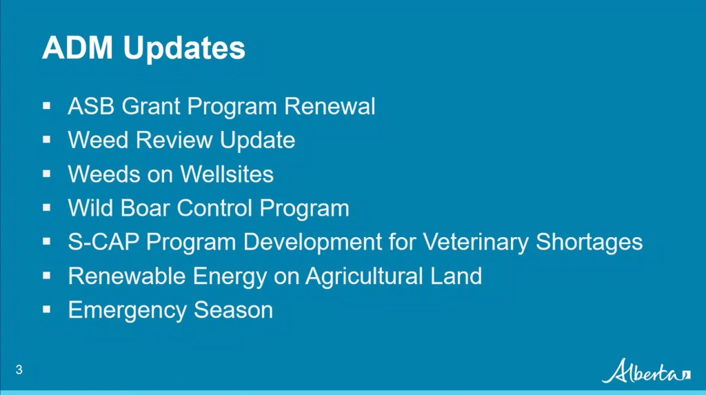 Presentation slide titled 'ADM Updates' with a blue background and bullet points listing key topics: ASB Grant Program Renewal, Weed Review Update, Weeds on Wellsites, Wild Boar Control Program, S-CAP Program Development for Veterinary Shortages, Renewable Energy on Agricultural Land, and Emergency Season.