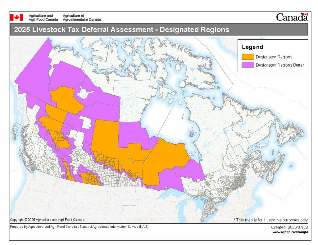 Map showing the designated regions and buffer areas for the 2025 Livestock Tax Deferral Assessment in Canada, highlighted in orange and purple.